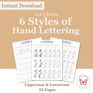 May include: A digital download of 6 printable hand lettering practice sheets. The sheets feature uppercase and lowercase letters in different styles. The title of the product is "Let's learn 6 Styles of Hand Lettering".