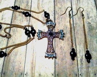 Embelished Cross necklace with Antique brass chain