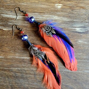 Orange and blue fancy feather earrings