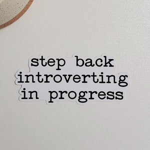 May include: White background with a small potted cactus and a sticker that reads "step back introverting in progress".
