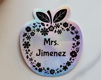 Personalized Name Holographic Vinyl Sticker - Apple Flower Design | Teacher Appreciation Gift