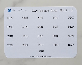Day Names Abbreviated Mini Sticker Sheet  | Weekday Name Sticker, Kiss Cut, Matte Finish | Style B