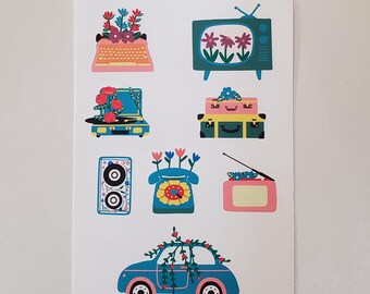 May include: A sheet of stickers featuring vintage items with flowers. The stickers include a typewriter, a television, a suitcase, a telephone, a radio, and a car. The stickers are all in a colorful, retro style.