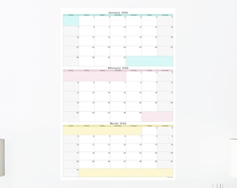 Large Quarterly Wall Calendar With Three Months | Start On Any Month | 24&quot; x 36&quot; or 16&quot; x 24&quot; | Physical Print Only