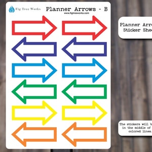 May include: A sheet of planner stickers with 12 arrow stickers in six different colors: red, blue, light blue, green, yellow, and orange. The stickers are cut in the middle of the colored lines. The text "Planner Arrows Sticker Sheet" is printed on the sheet.