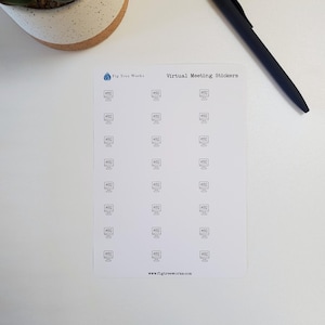 May include: A sheet of white paper with 24 black and white computer monitor icons, each labeled "MTG" for "meeting". The text "Fig Tree Works" and "Virtual Meeting Stickers" is at the top of the sheet. The text "www.figtreeworks.com" is at the bottom of the sheet.