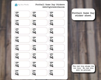 May include: A sheet of 18 white football helmet stickers with a black outline. Each sticker has a blank space for writing. The text "Football Game Day Stickers" and "www.figtreeworks.com" is at the top of the sheet. The text "Football Game Day sticker sheet." is in the upper right corner of the sheet. The text "The red line shows the cut line. No red line will be printed." is in the lower right corner of the sheet.
