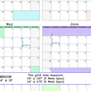 Op de afbeelding: Een kalenderrooster met de maanden mei en juni. De rastermaat is 0,8 x 0,87 voor een periode van 5 weken en 0,8 x 0,73 voor een periode van 6 weken. De kalender is 24 inch bij 16 inch.