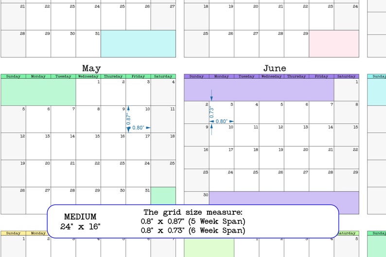 Op de afbeelding: Een kalenderrooster met de maanden mei en juni. De rastermaat is 0,8 x 0,87 voor een periode van 5 weken en 0,8 x 0,73 voor een periode van 6 weken. De kalender is 24 inch bij 16 inch.
