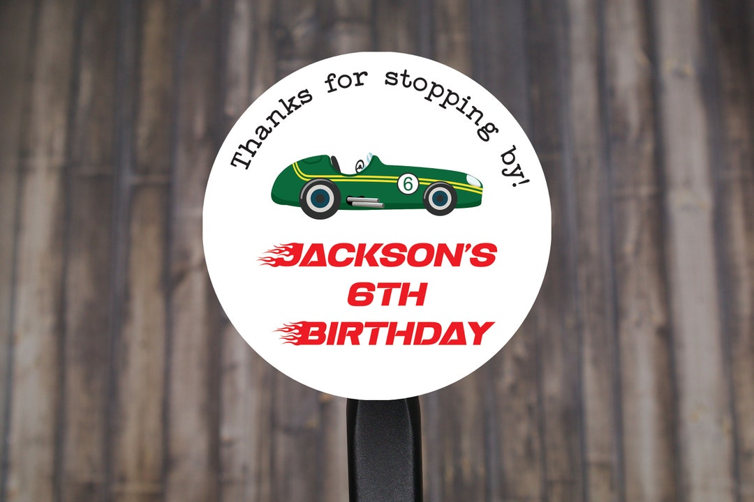 Race Car Birthday Round Stickers With Custom Name and Age | 2