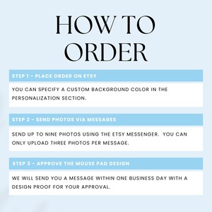 May include: A blue and white graphic with instructions on how to order a custom mouse pad. The instructions include placing an order on Etsy, sending photos via messages, and approving the mouse pad design.
