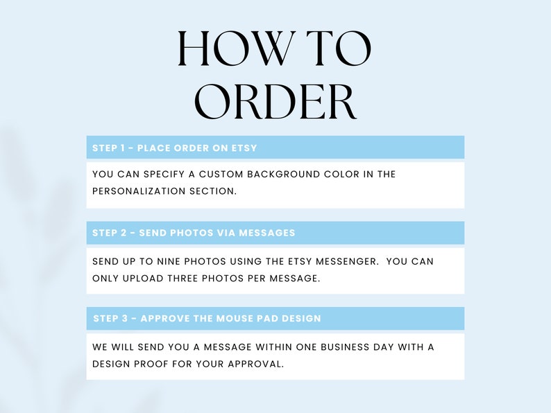 May include: A blue and white graphic with instructions on how to order a custom mouse pad. The instructions include placing an order on Etsy, sending photos via messages, and approving the mouse pad design.