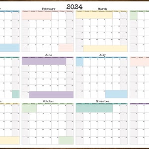 Op de afbeelding: Een printbare kalender voor 2024 met een andere kleur voor elke maand. De kalender is verdeeld in 12 secties, &eacute;&eacute;n voor elke maand. Elke maand heeft een kop met de naam van de maand en de dagen van de week. De kalender is ontworpen om te worden afgedrukt en te gebruiken als een wandkalender.