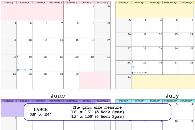 Op de afbeelding: Een printbare kalender voor juni en juli. De kalender is verdeeld in twee secties, &eacute;&eacute;n voor elke maand. Elke maand wordt weergegeven in een rasterformaat met de dagen van de week bovenaan. De kalender is ontworpen om te worden afgedrukt op een standaard vel papier van 8,5 x 11 inch. De rastergrootte is 1,2 inch bij 1,31 inch voor een periode van 5 weken of 1,2 inch bij 1,09 inch voor een periode van 6 weken. De kalender is gedrukt in zwart-wit met een lichtroze achtergrond voor juni en een lichtgele achtergrond voor juli.