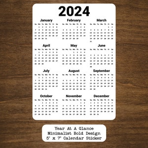 Year At A Glance Calendar Sticker Minimalist Bold Design | 2024, 2025, or 2026 | Start On Any Month | Planner Sticker  |  5" x 7"