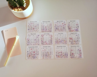 Mini Calendar Stickers with Flowers for Planners and Journals | Monthly Stickers, Die Cut, Matte Finish | Style B