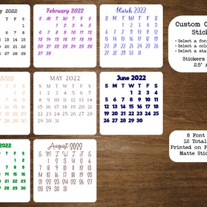 Custom Color and Font Calendar Stickers | Start With Any Month in 2024 | For Planners and Journals  | Monthly Stickers Matte Finish