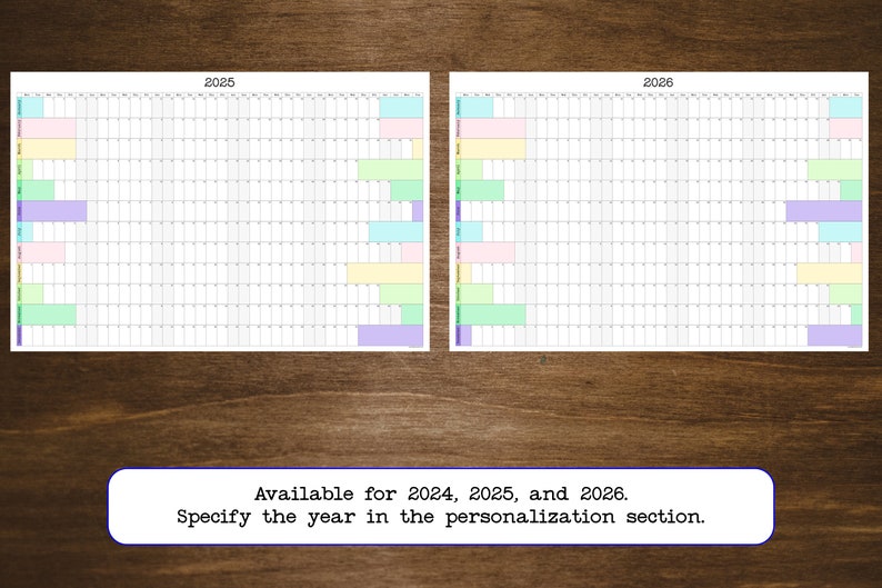 May include: Two printable calendar pages, one for 2025 and one for 2026. Each page has a grid with days of the week and dates. The calendars are available for 2024, 2025, and 2026. Specify the year in the personalization section.