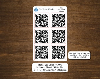 Waterproof Mini QR Code Vinyl Sticker Sheet | 6 Square Vinyl Stickers | Personalized Square QR Code Stickers | Multiple Colors Available