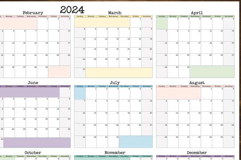 Op de afbeelding: Een printbare kalender voor het jaar 2024. De kalender is verdeeld in 12 maanden, waarbij elke maand in een apart vak wordt weergegeven. De maanden zijn februari, maart, april, juni, juli, augustus, oktober, november en december. Elke maand heeft een andere achtergrondkleur.