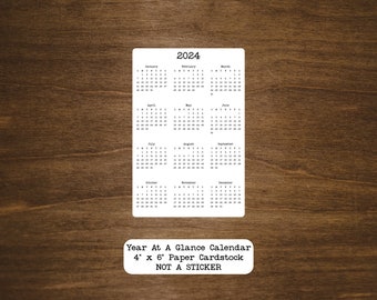 Year At A Glance Cardstock Calendar | 2024 - 2026 | Start On Any Month | NOT A STICKER  | White or Kraft Brown Paper Cardstock | 4" x 6"