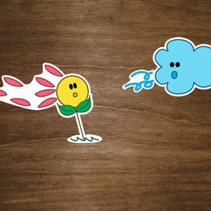 May include: A yellow flower with pink petals is being blown by a blue cloud with a surprised expression. The flower has a green stem and leaves.