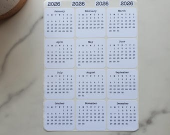 Micro Calendar Stickers for Planners and Journals | 2026, 2027 or 2028 | Mini Monthly Stickers, Die Cut, Matte Finish