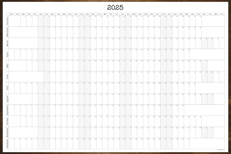 May include: A blank calendar for the year 2025. The calendar is divided into 12 months, with each month having its own column. The days of the week are listed across the top of the calendar, and the numbers of the days are listed in each box. The calendar is printed on a white background with black text.