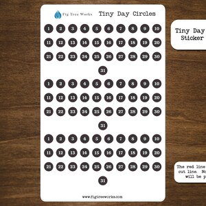 May include: A printable sticker sheet with three rows of black circles containing numbers 1-31. The sheet is titled "Tiny Day Circles Sticker Sheet".