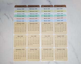 Mini Calendar Stickers for Planners and Journals | 2026, 2027, or 2028 | Monthly Stickers, Die Cut, Matte Finish
