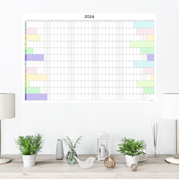 Large Wall Calendar 2024, 2025, or 2026 | Start On Any Month | Wall Annual Planner | 36" x 24" or 24" x 16" | Physical Print Only