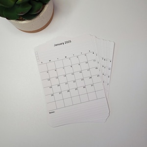 May include: A stack of white, rounded-corner calendar cards for January 2025. Each card features a monthly calendar grid with dates, days of the week, and space for notes. The text "January 2025" is printed at the top. A small potted succulent is in the background.