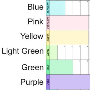 May include: A chart showing the months of the year, January through June, with each month assigned a different color. The colors are: blue, pink, yellow, light green, green, and purple.