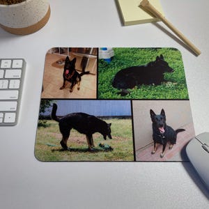 May include: A collage of four photos featuring a black German Shepherd dog in different poses. The photos are arranged in a grid pattern on a mouse pad.
