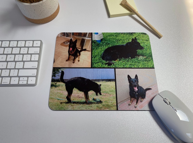 May include: A collage of four photos featuring a black German Shepherd dog in different poses. The photos are arranged in a grid pattern on a mouse pad.