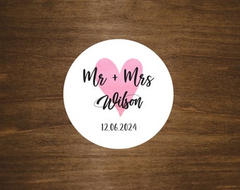 Wedding Labels 2" Round Stickers With Personalize Last Name and Date | Glossy Label Material | Style B