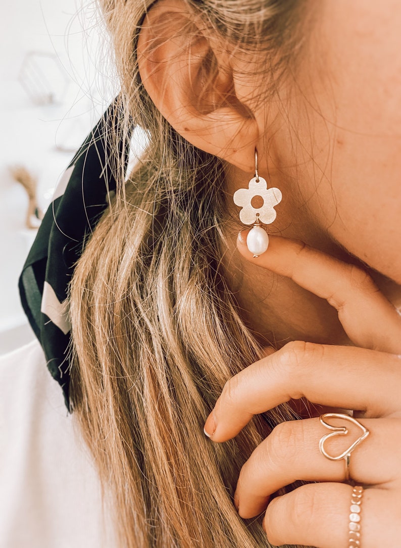 Flower Dangle Earrings \u2022 Made out of raw brass \u2022 Freshwater Pearl