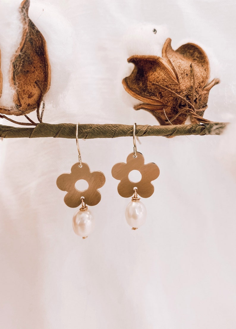 Flower Dangle Earrings \u2022 Made out of raw brass \u2022 Freshwater Pearl