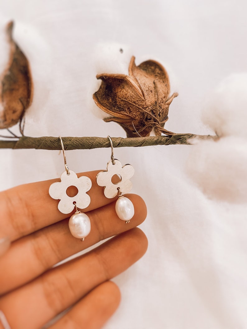 Flower Dangle Earrings \u2022 Made out of raw brass \u2022 Freshwater Pearl