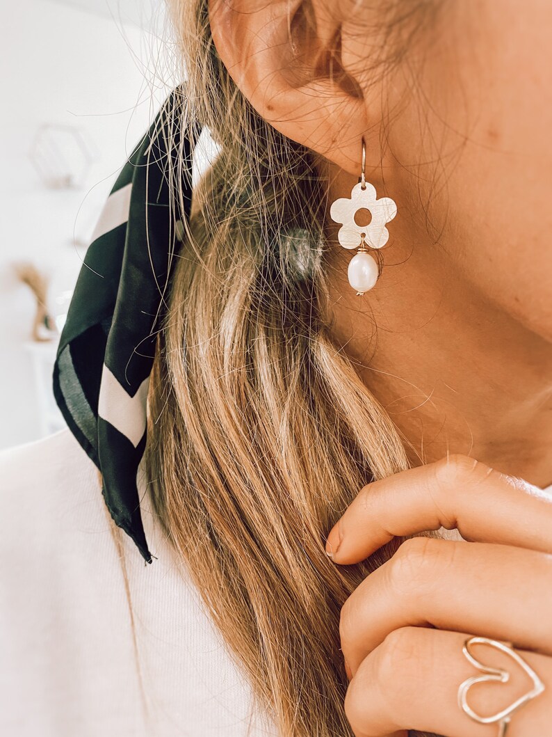 Flower Dangle Earrings \u2022 Made out of raw brass \u2022 Freshwater Pearl