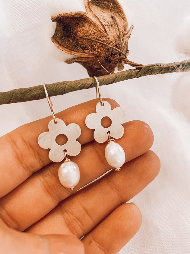 Flower Dangle Earrings \u2022 Made out of raw brass \u2022 Freshwater Pearl
