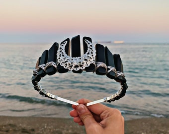 BLACK AGATE FAIRY with Black Tourmaline crystal chips crown tiara wedding accessories festivals moon jewellery witchcraft gift crystals