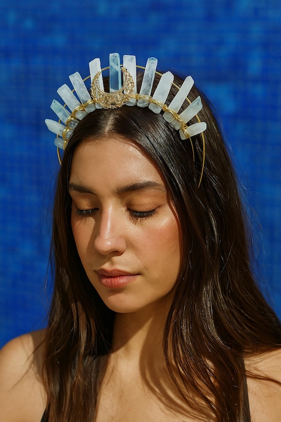 Rose Quartz Goddess Crown Gold Halo Tiara Moon Festival  display picture 3