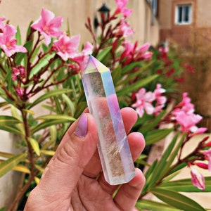 May include: A clear crystal point with iridescent rainbow colors. The crystal is held in a hand against a background of pink flowers.