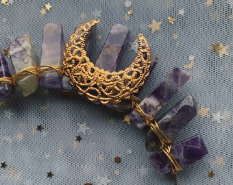 AMETHYST SMALL GOLD crystal crown bohemian tiara wedding accessories festivals moon jewellery witchcraft gift purple crystals