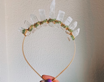 CLEAR QUARTZ & PERIDOT crystal crown bohemian tiara wedding accessories festivals moon jewellery witchcraft gift love