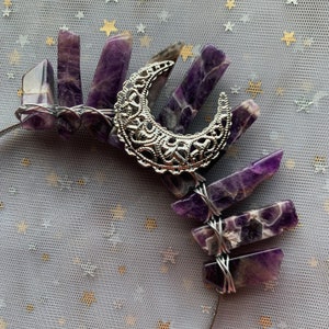 Tiara de luna de amatista plateada, corona de cristal en bruto, accesorio nupcial místico
