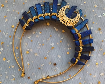 LAPIS LAZULI HALO Moon crystal crown bohemian tiara wedding accessories festivals moon jewellery witchcraft gift blue crystals