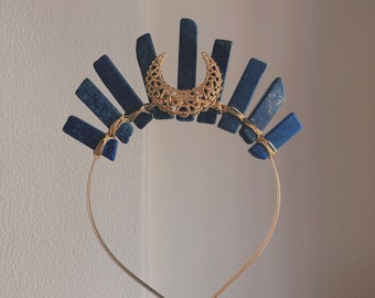 Lapis and Moon Tiara Lapis Lazuli Crown With Gold Triple Moon - Speak Your Truth  main image 3