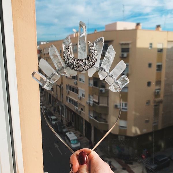 Klar Kvartskristallkrona – Silver Mångudinna Tiara Eterisk Brud- & Festivalhuvudbonad